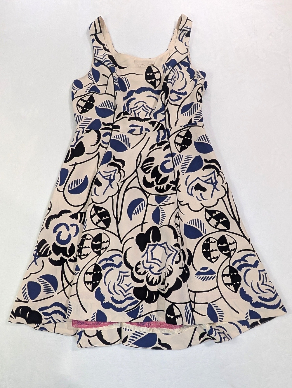 Anthropologie Vanessa Virginia Ink Set Bloom Fit & Flare Dress Ivory Blue 10